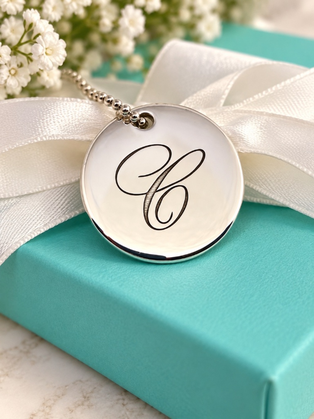 Tiffany & Co. Sterling Silver Initial C Pendant Necklace 18” with Box & Pouch